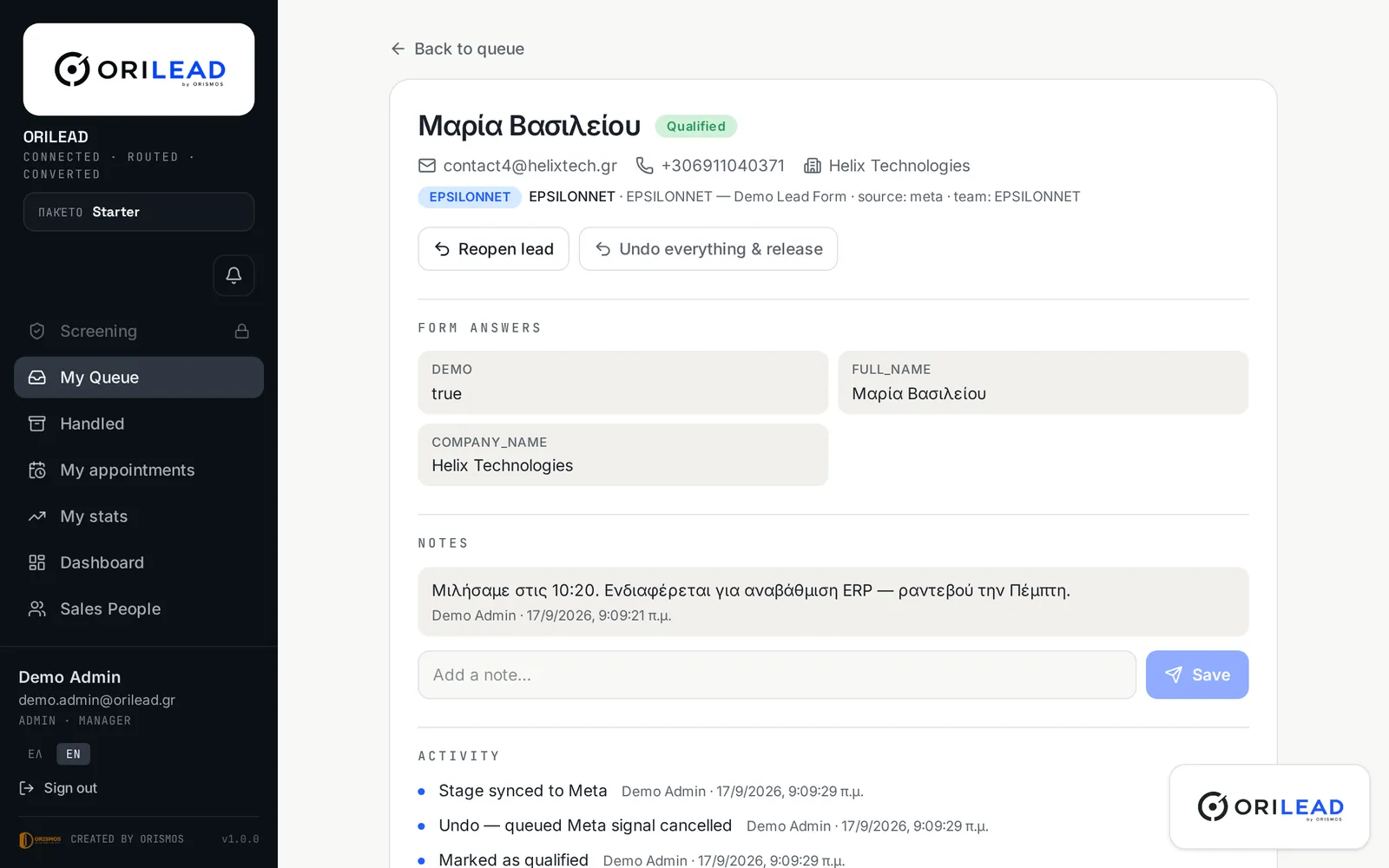 ORILEAD lead record with form answers, notes and activity history