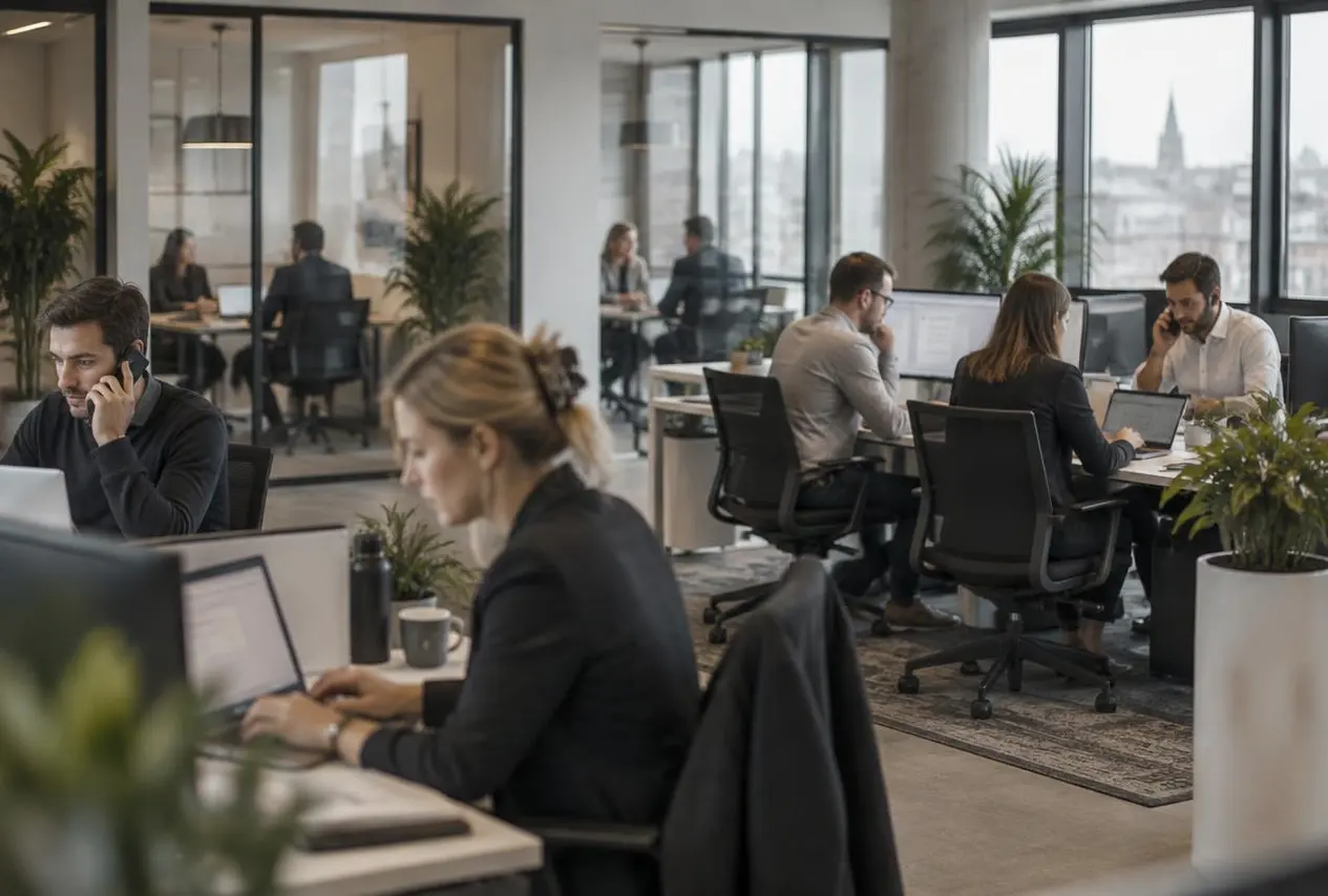 Equipos comerciales trabajando en distintos puestos de una oficina B2B