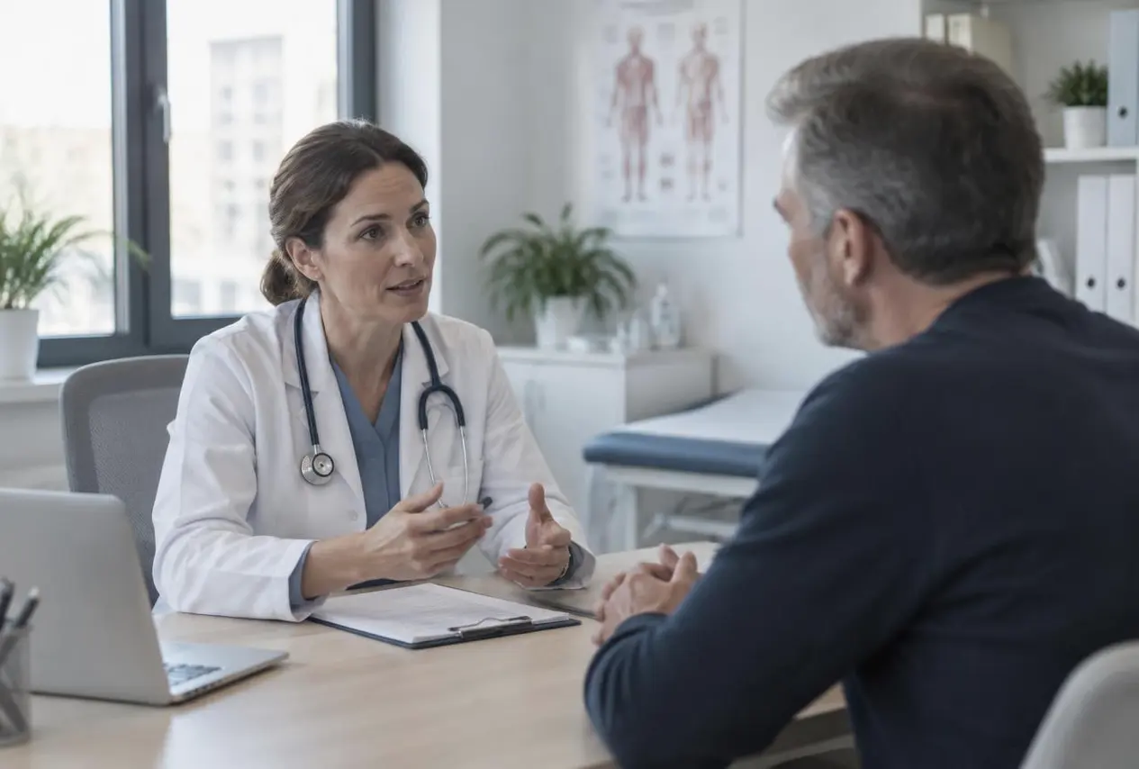 Médico explicando un tratamiento a un paciente en la consulta de una clínica moderna