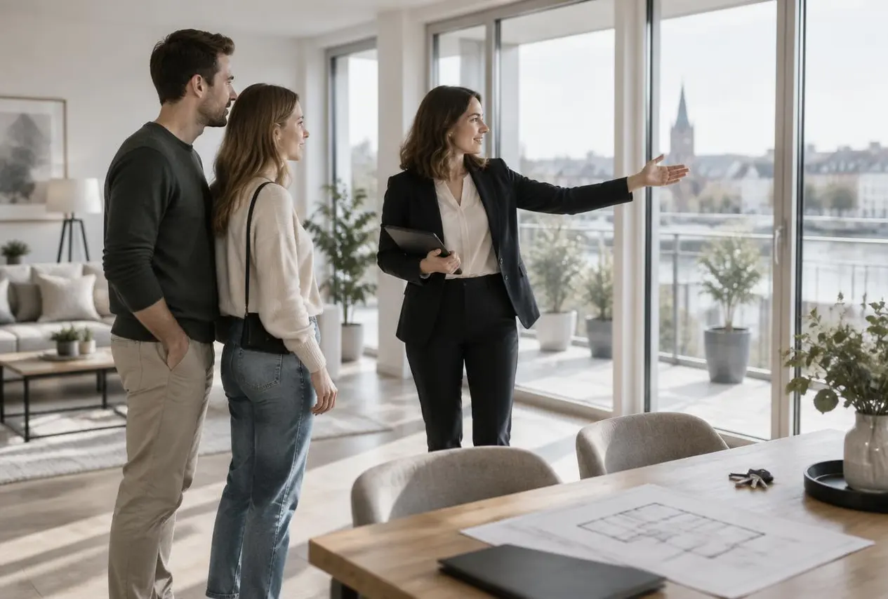 Asesor inmobiliario enseñando un piso moderno a una pareja